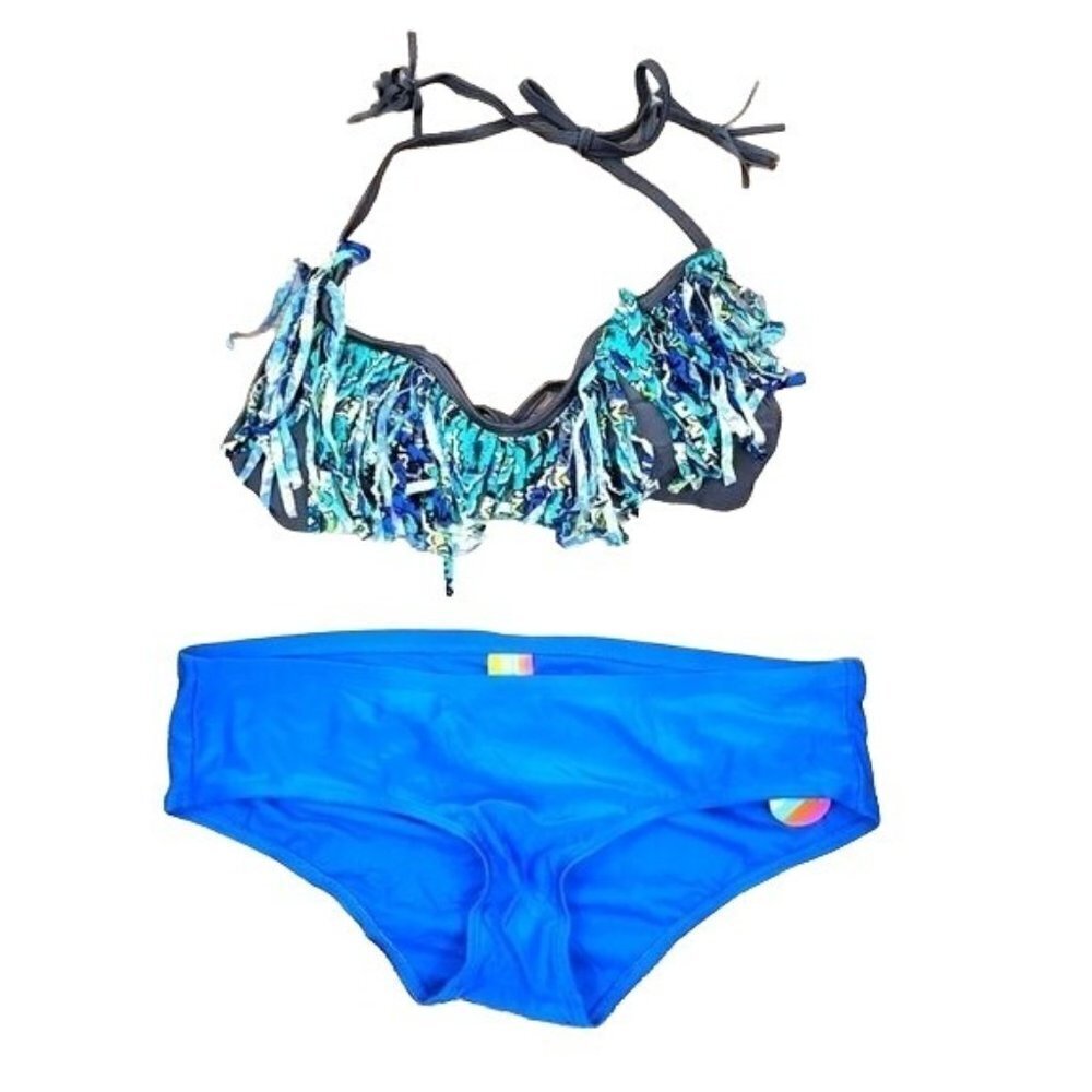 Raisins blue triangle fringe cheeky swimsuit bikini women's size medium